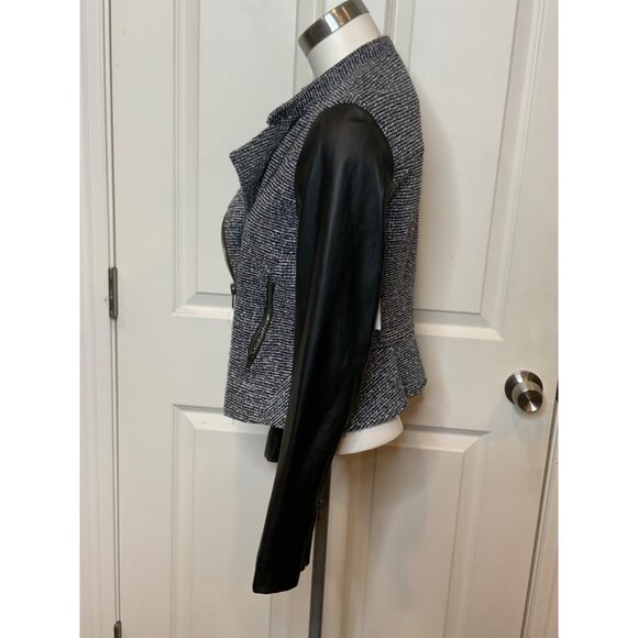 Theory Black & White Tweed Zip-Up Moto Jacket Lamb Leather Sleeves, Size 6 - Picture 6 of 12